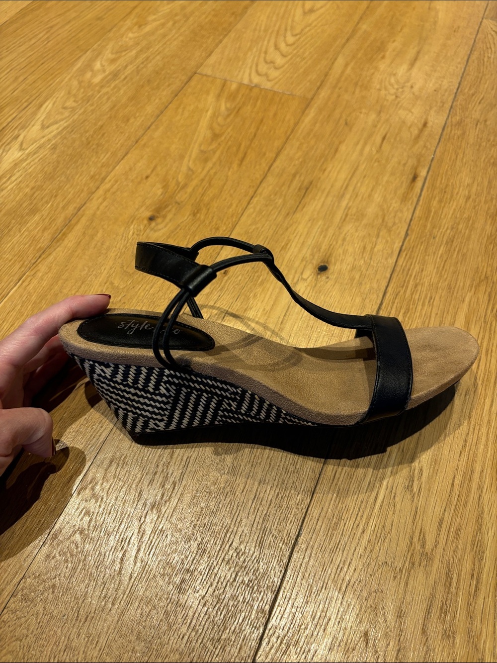Style & Co. Black Strappy Wedge Sandal with Patterned Heel